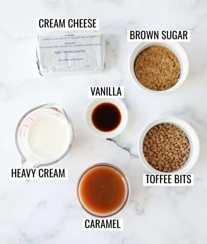 Labeled ingredients needed to make cream cheese caramel apple dip.