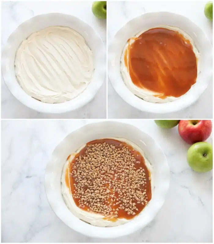Showing steps of layering the dip in a pie plate with cream cheese, then caramel, and toffee bits on top.