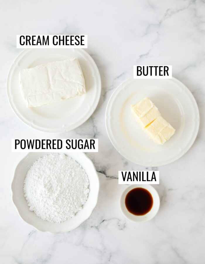 Labeled ingredients needed to make cream cheese frosting.