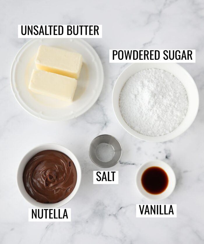 Labeled ingredients needed to make Nutella frosting.