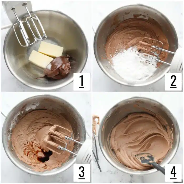 Steps to make Nutella frosting in a bowl with an electric hand mixer.