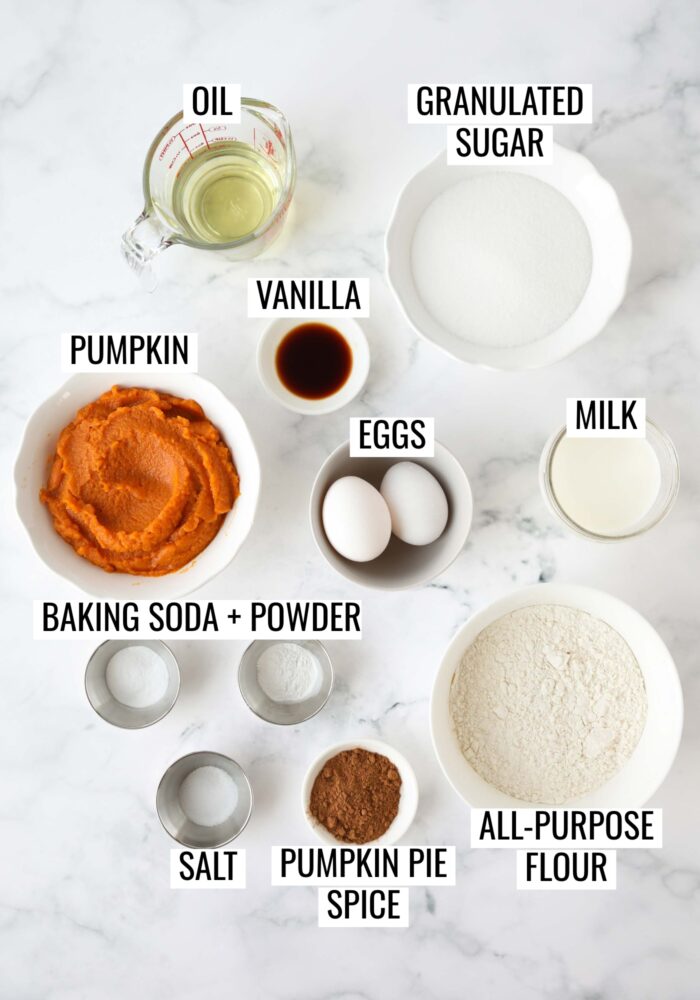 Labeled ingredients needed to make an easy pumpkin cupcakes recipe.