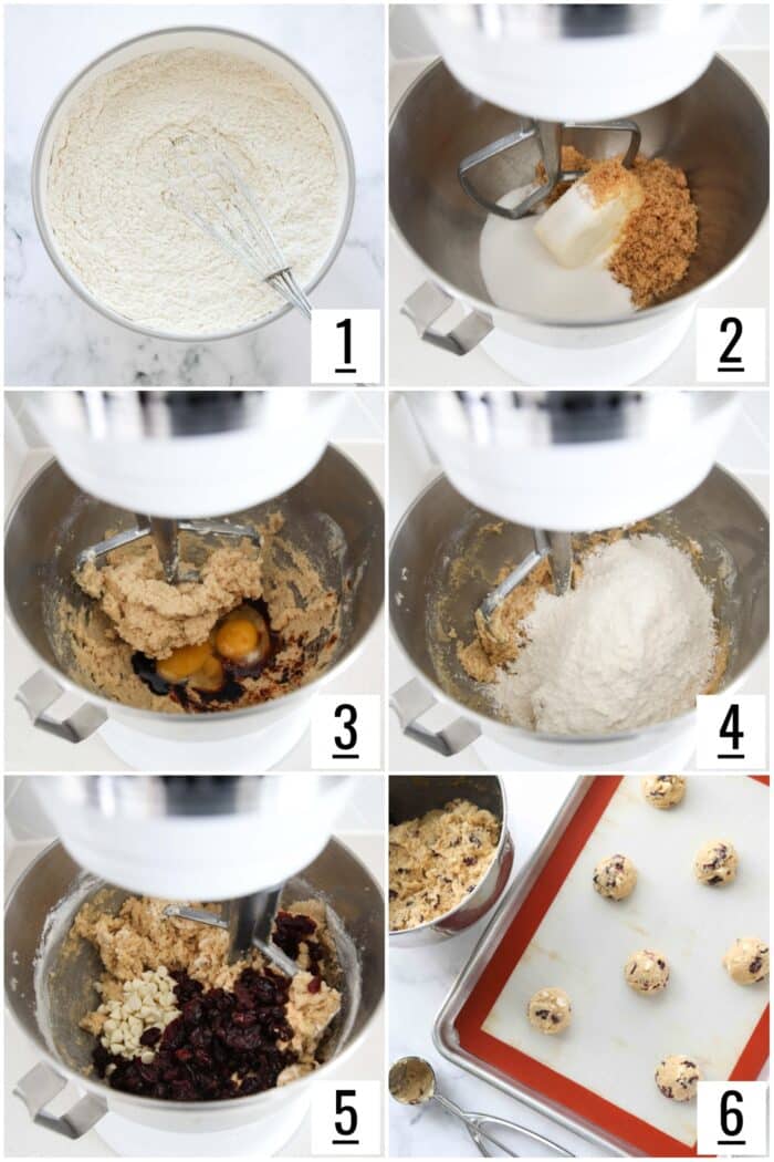 Steps to make white chocolate cranberry cookies.