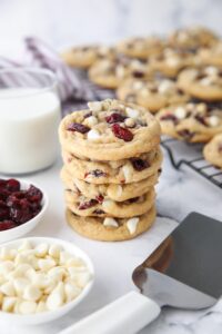 Stack of white chocolate cranberry cookies.