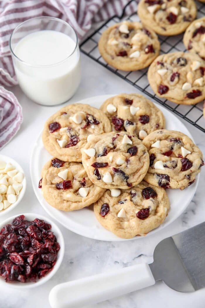 Plate of cranberry white chocolate chip cookies.