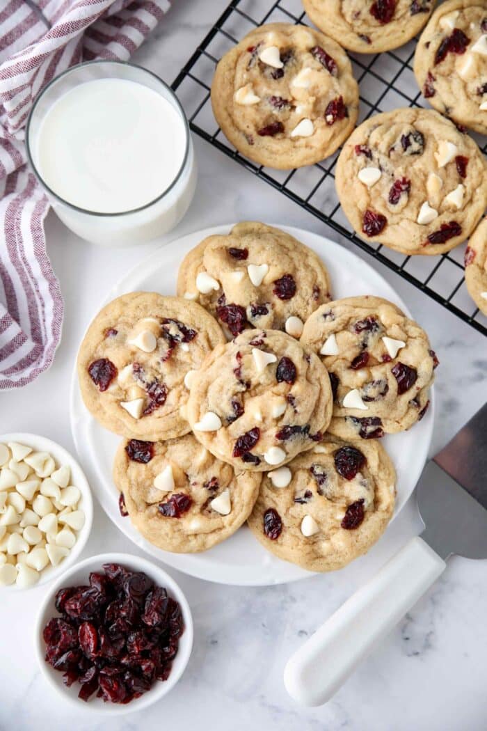 Plate of white chocolate cranberry cookies.
