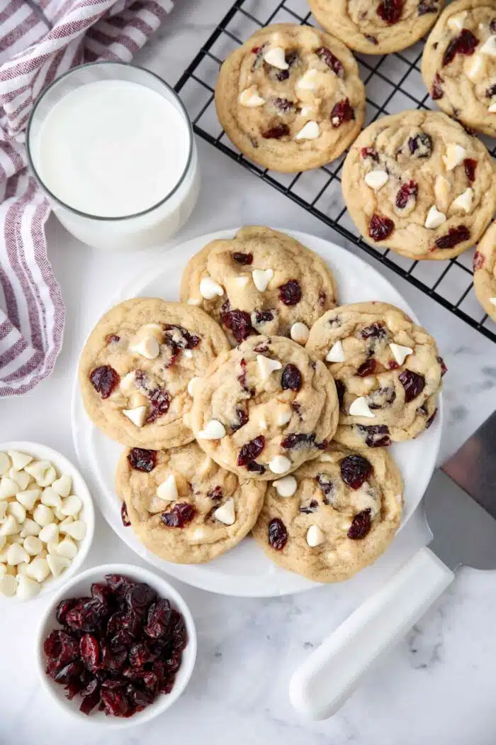 Plate of white chocolate cranberry cookies.