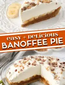 Pinterest collage of Banoffee Pie with two images and text in the center.