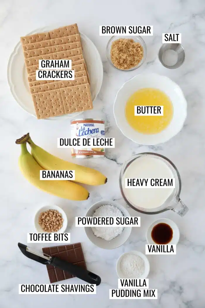 Labeled ingredients needed to make Banoffee Pie.