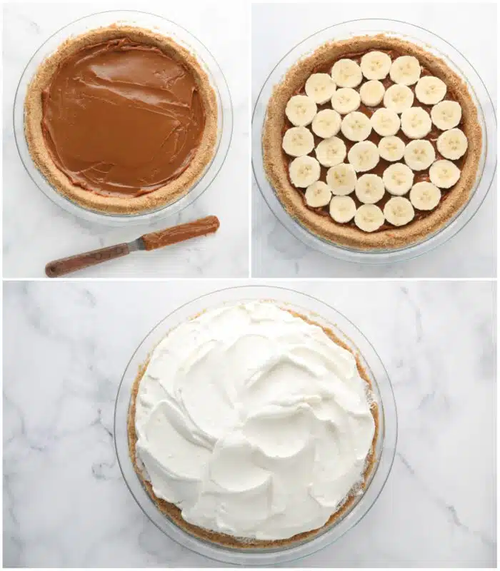 Steps to layer banoffee pie.