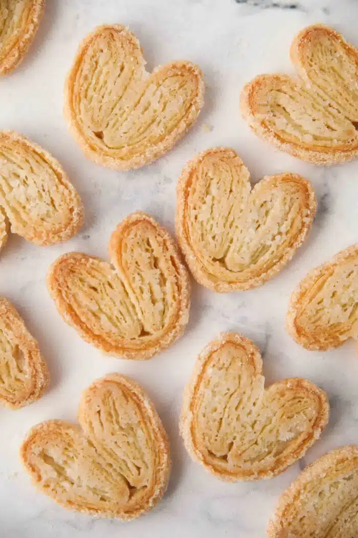 Close up of crisp and sugary palmier cookies.