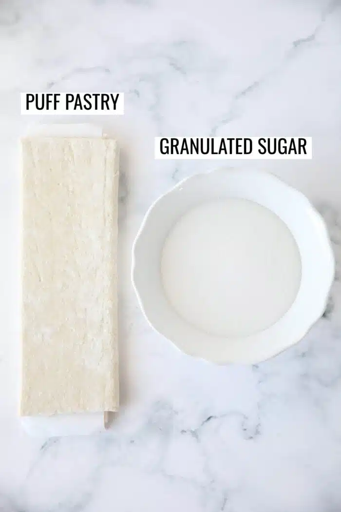 Labeled ingredients needed to make Palmiers.