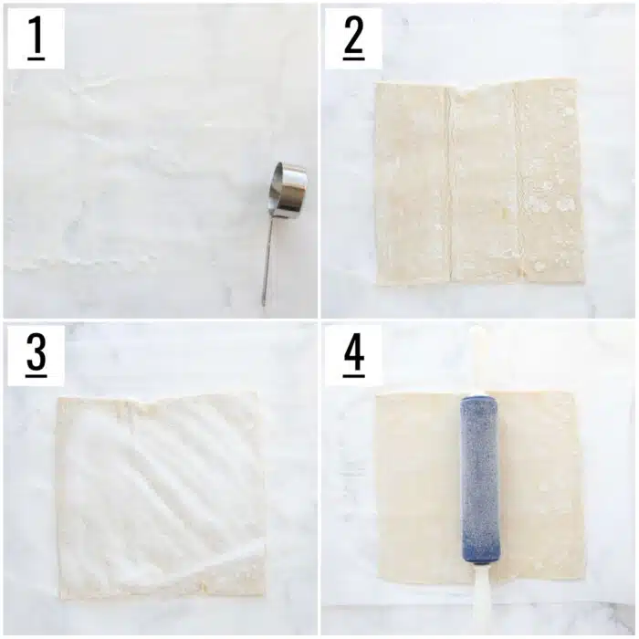 Coating puff pastry dough with sugar on both sides and rolling it into a large square.