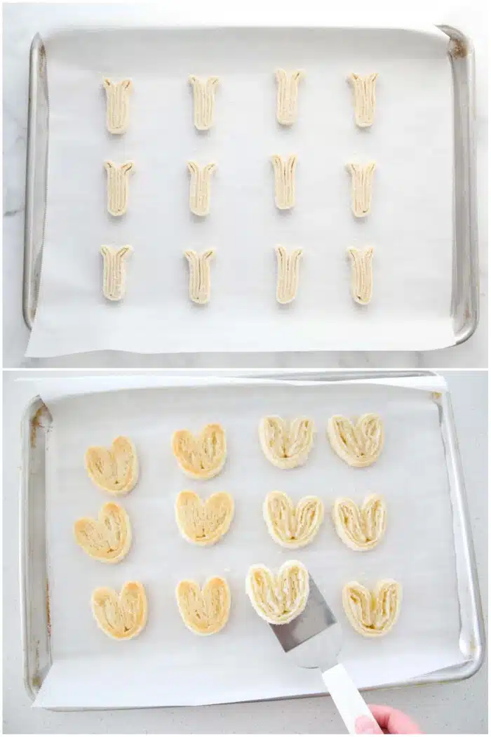 Shaping the palmiers before baking, and then flipping them halfway through baking.