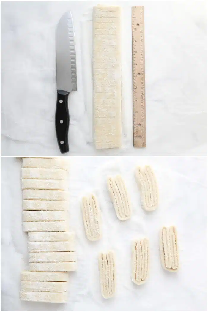 Measuring and slicing the sugary puff pastry into 1/2-inch pieces and coating the sides with extra sugar.