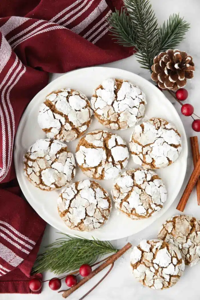 Plate of gingerbread crinkle cookies.