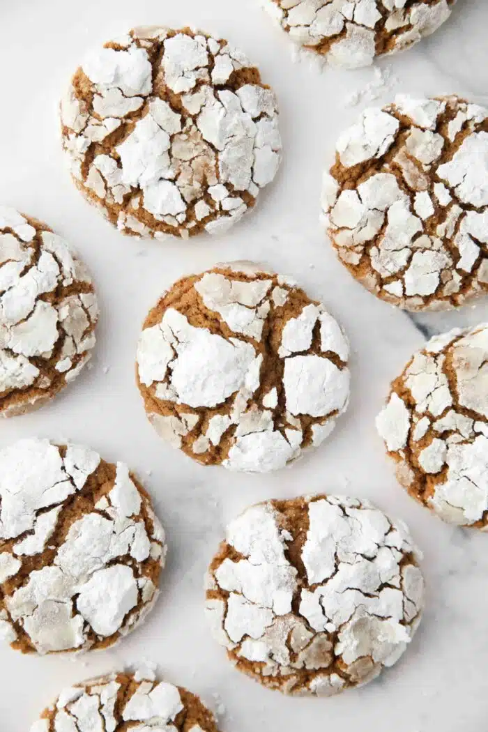 Close up top view of gingerbread Christmas crinkle cookies.