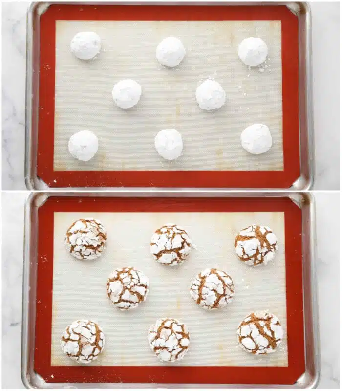 Powdered sugar coated dough balls baked into Gingerbread crinkle cookies.