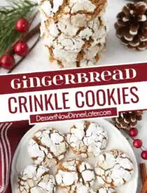 Pinterest collage of Gingerbread Crinkle Cookies with two images and text in the center.