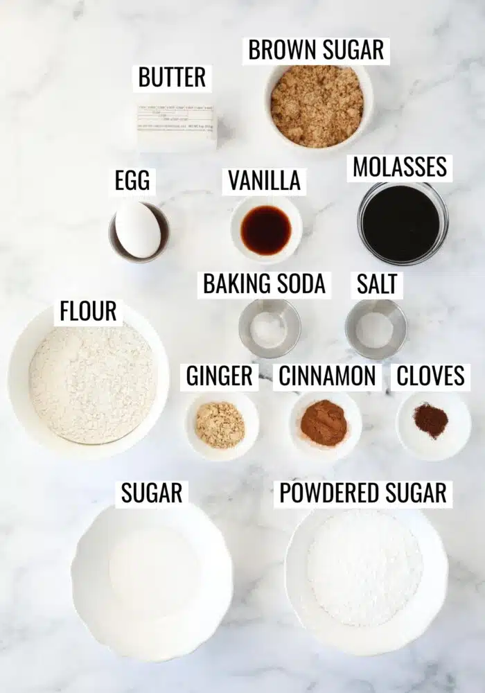 Labeled ingredients needed to make Gingerbread Crinkle Cookies.