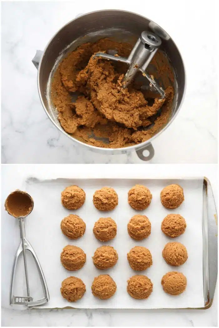 Scooping and freezing gingerbread cookie dough.