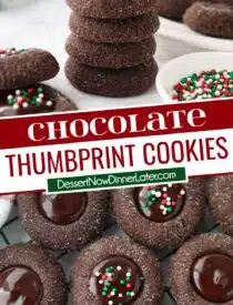 Pinterest collage of Chocolate Thumbprint Cookies with two images and text in the center.