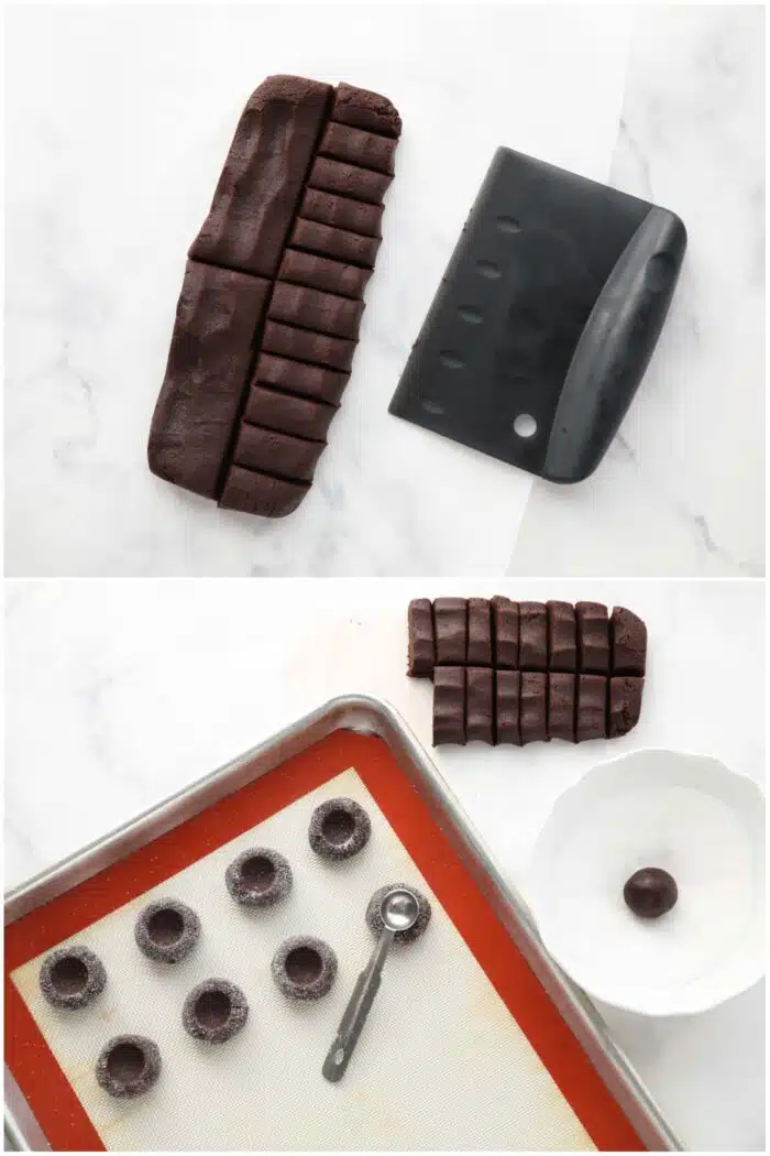 Steps to make chocolate thumbprint cookies.