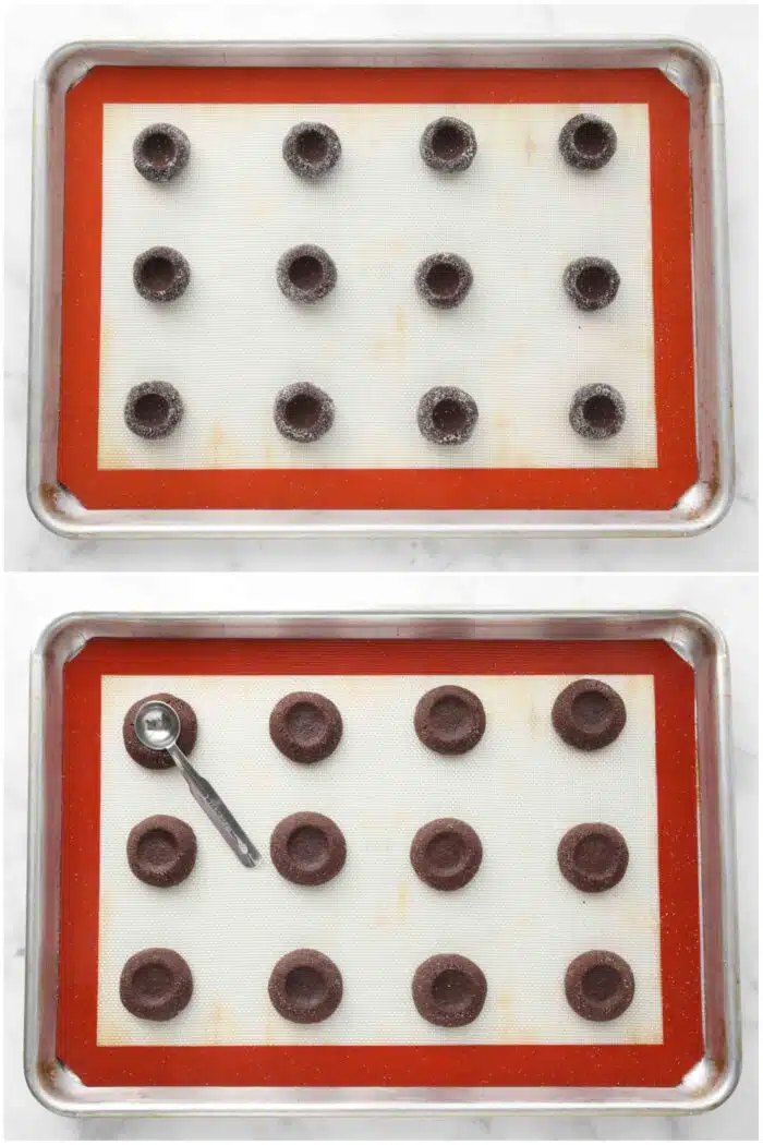Before and after baking chocolate thumbprint cookies.