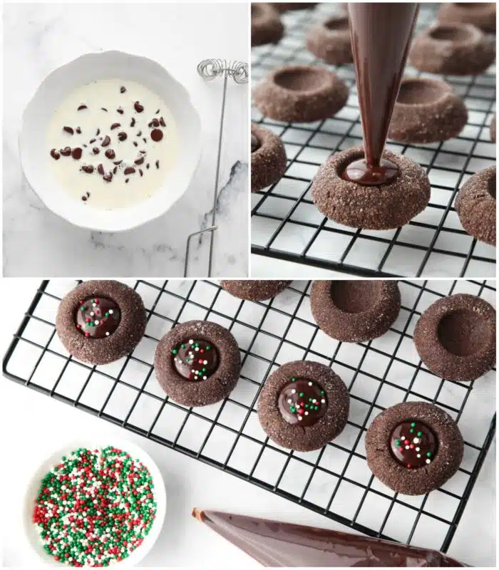 Making chocolate ganache, filling the thumbprint cookies, and topping with sprinkles.