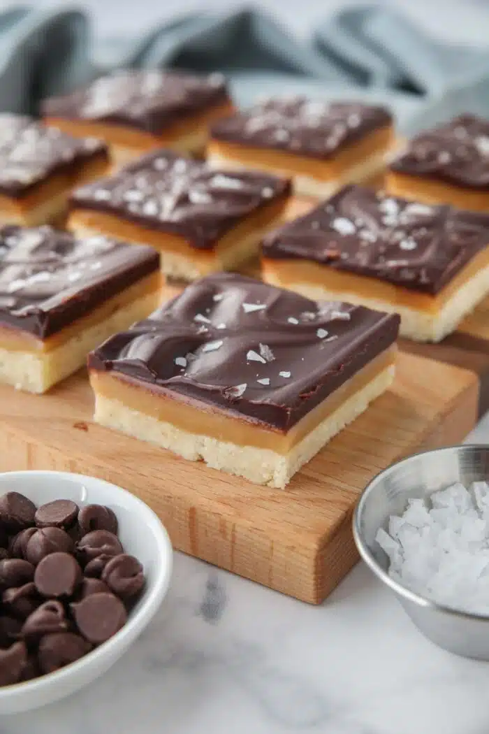 Squares of chocolate caramel slice on a cutting board.