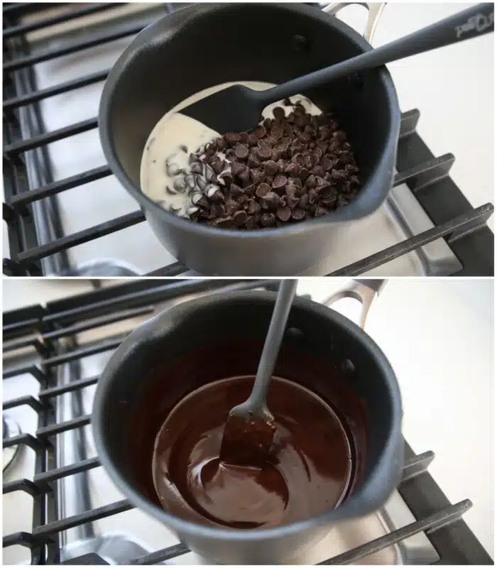 Making chocolate ganache on the stovetop.