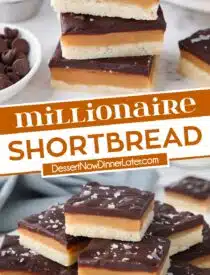 Pinterest collage of Millionaire Shortbread with two images and text in the center.