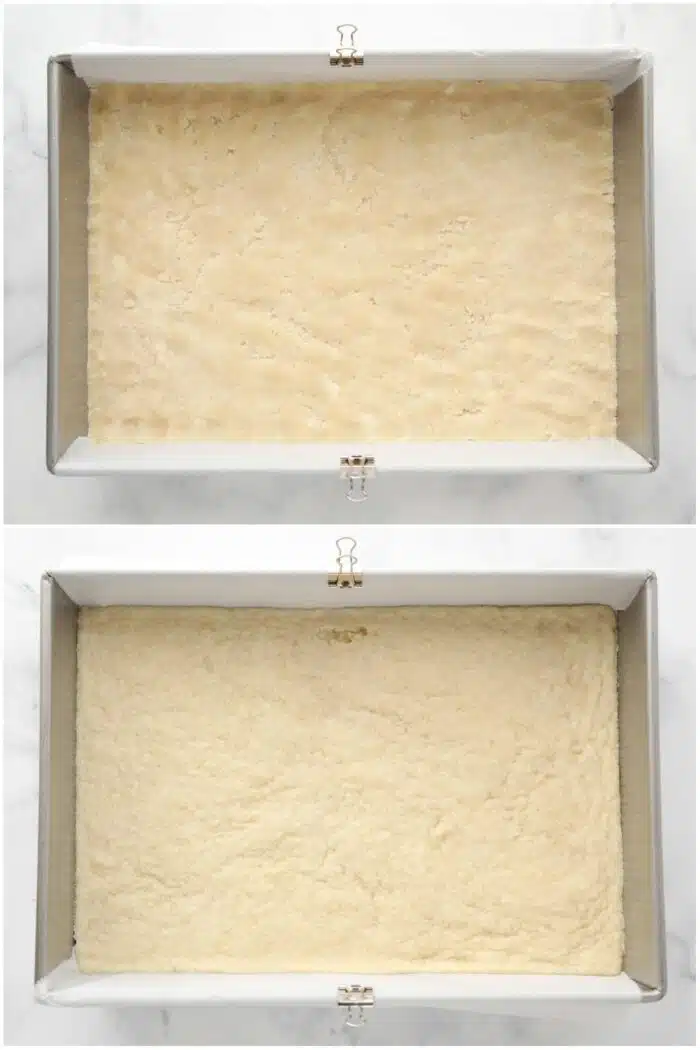Before and after baking the shortbread crust in a 13x9-inch pan.