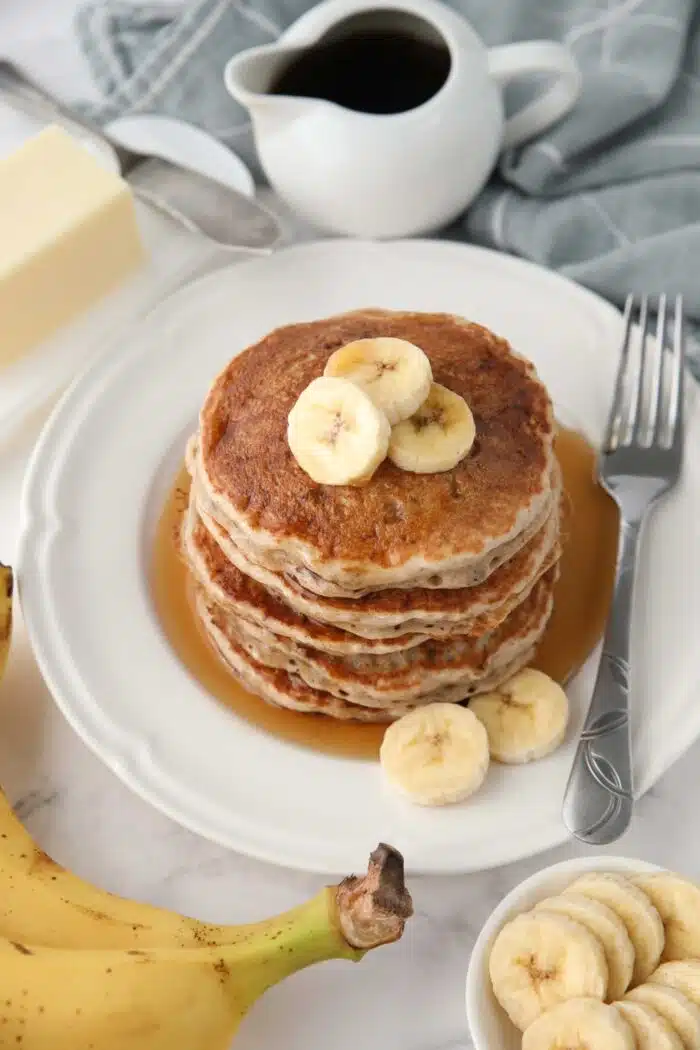 Stack of quick and easy banana pancakes made with a mix.