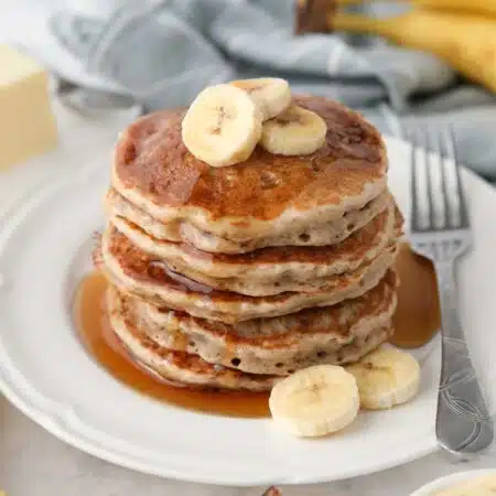 Stack of quick and easy banana pancakes.