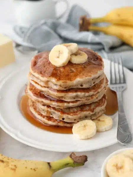 Stack of quick and easy banana pancakes.
