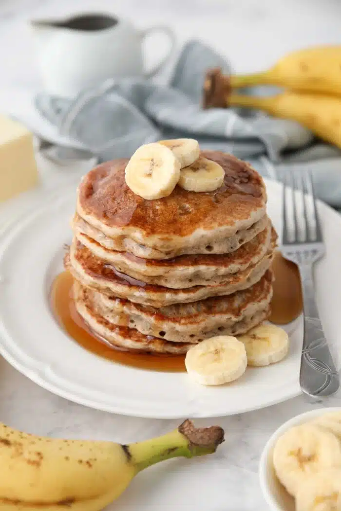 Stack of quick and easy banana pancakes.