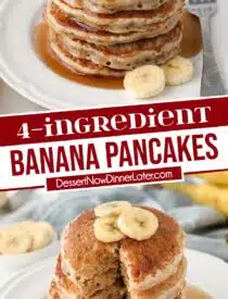 Pinterest collage of Banana Pancakes with two images and text in the center.