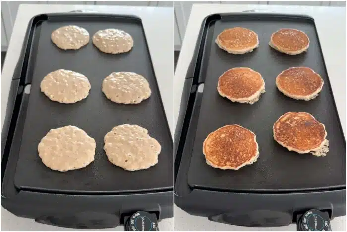 Cooking banana pancakes on an electric griddle.