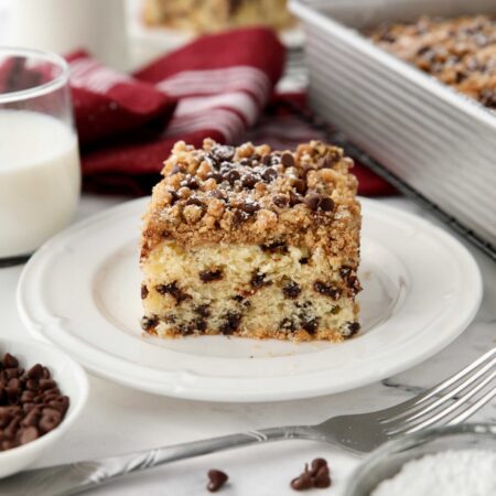 Square piece of chocolate chip coffee cake on a plate.