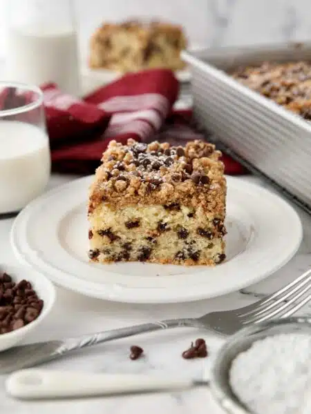Square piece of chocolate chip coffee cake on a plate.