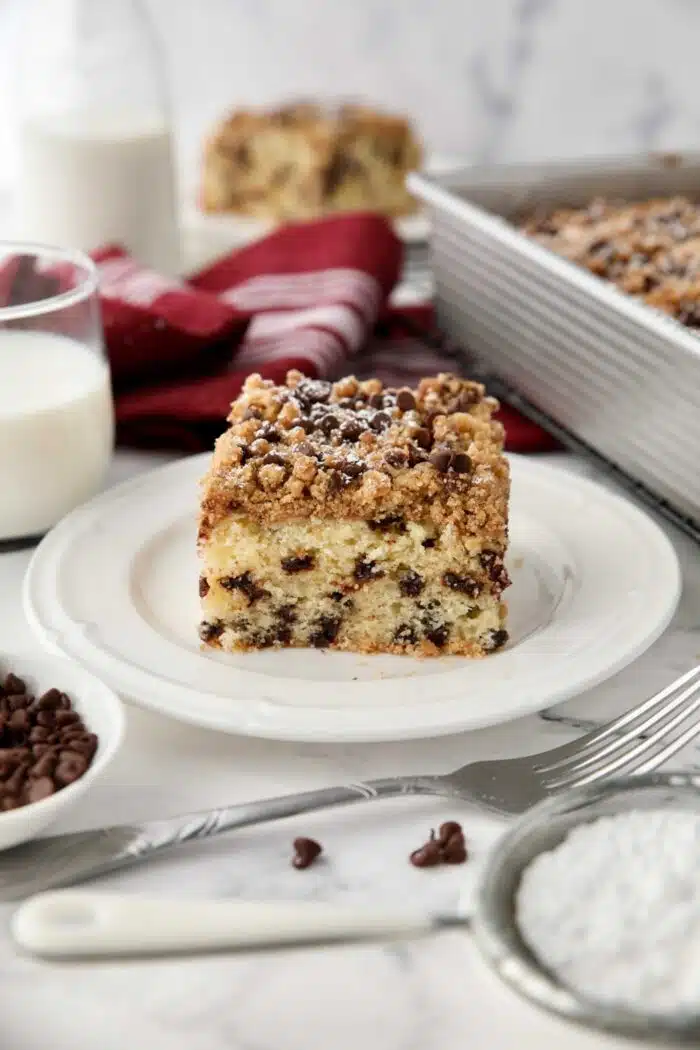 Square piece of chocolate chip coffee cake on a plate.