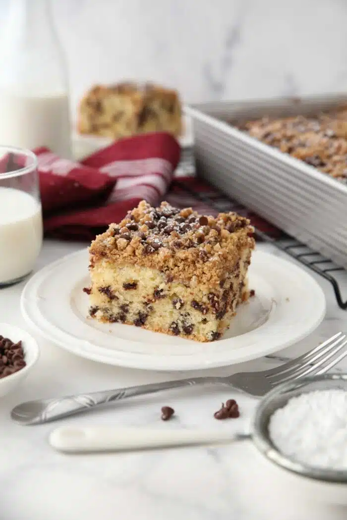 Square piece of chocolate chip crumb cake on a plate.