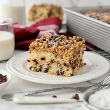 Side view of a piece of chocolate chip coffee cake on a plate.