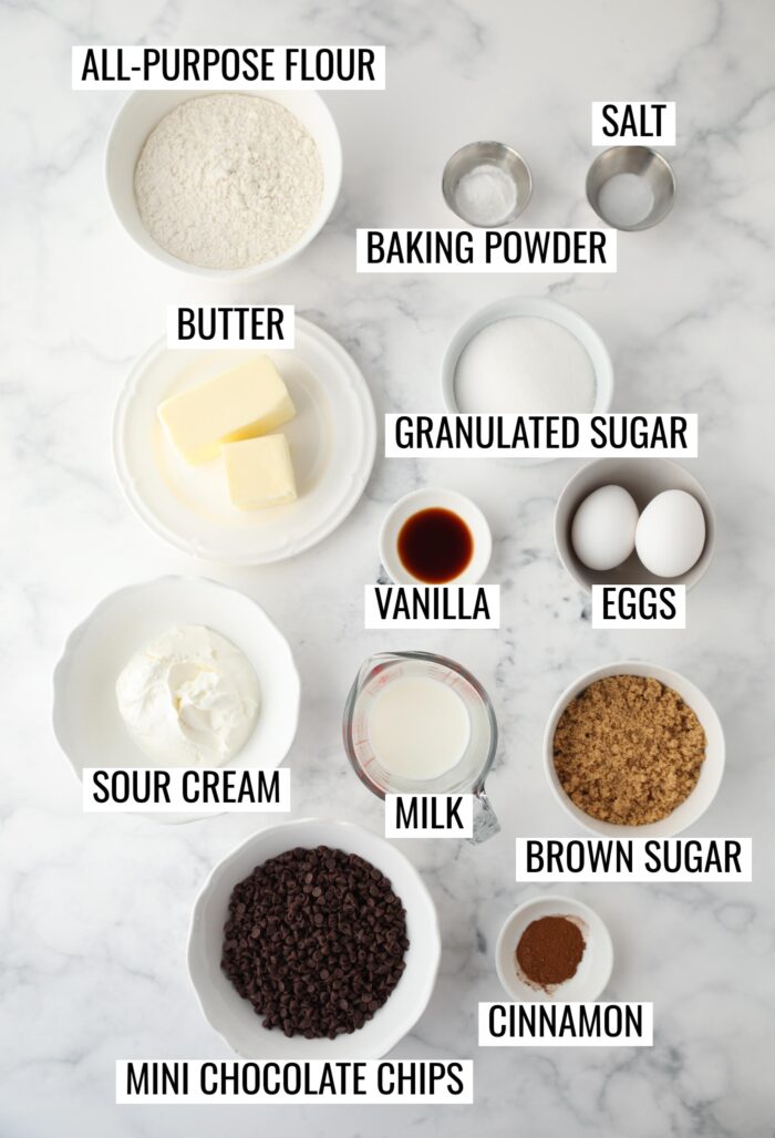 Ingredients needed to make chocolate chip coffee cake.