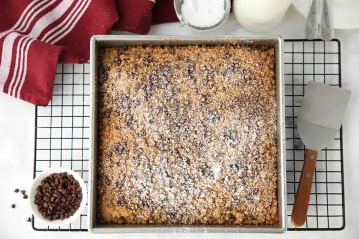 Powdered sugar dusted on top of chocolate chip crumb cake in pan.