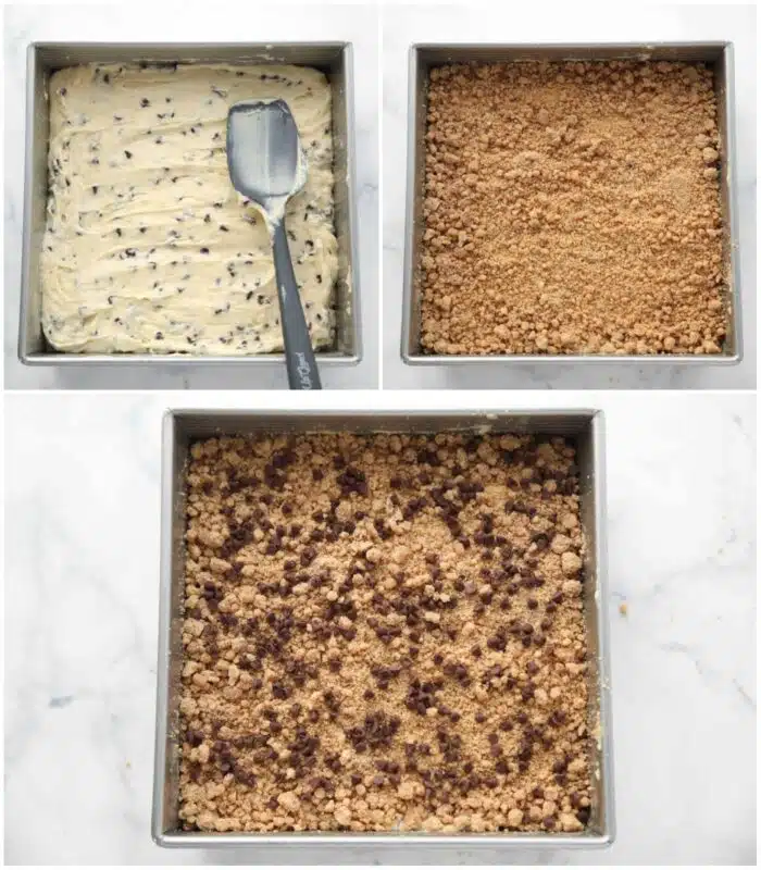 Steps to layer coffee cake in a pan.