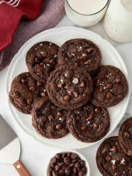 Plate of double chocolate chip cookies with flaky sea salt sprinkled on top.