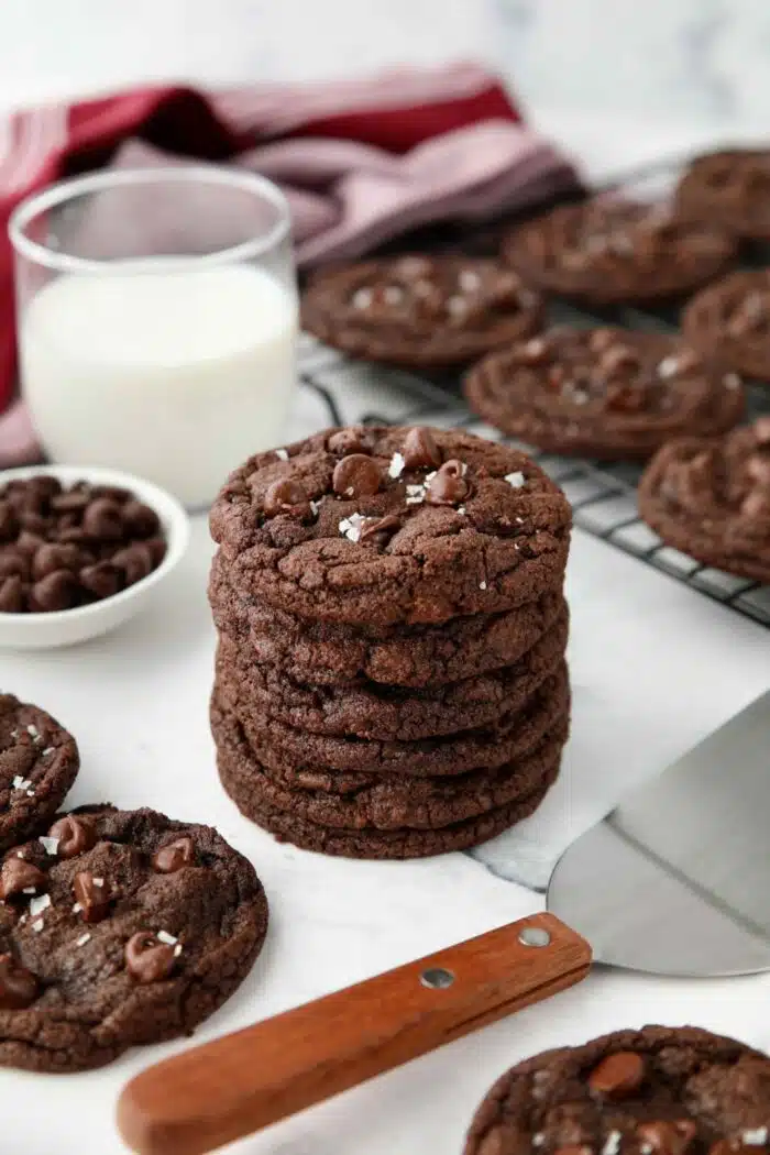 Stack of chocolate chocolate chip cookies.
