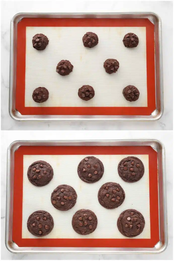 Before and after baking double chocolate cookies.